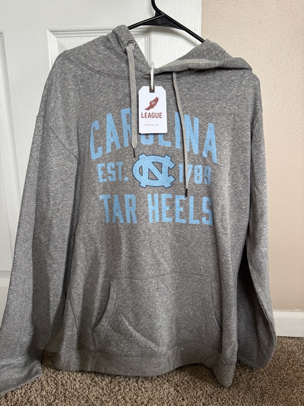 League Gray Hoodie with Carolina Tar Heels Light Blue Logo